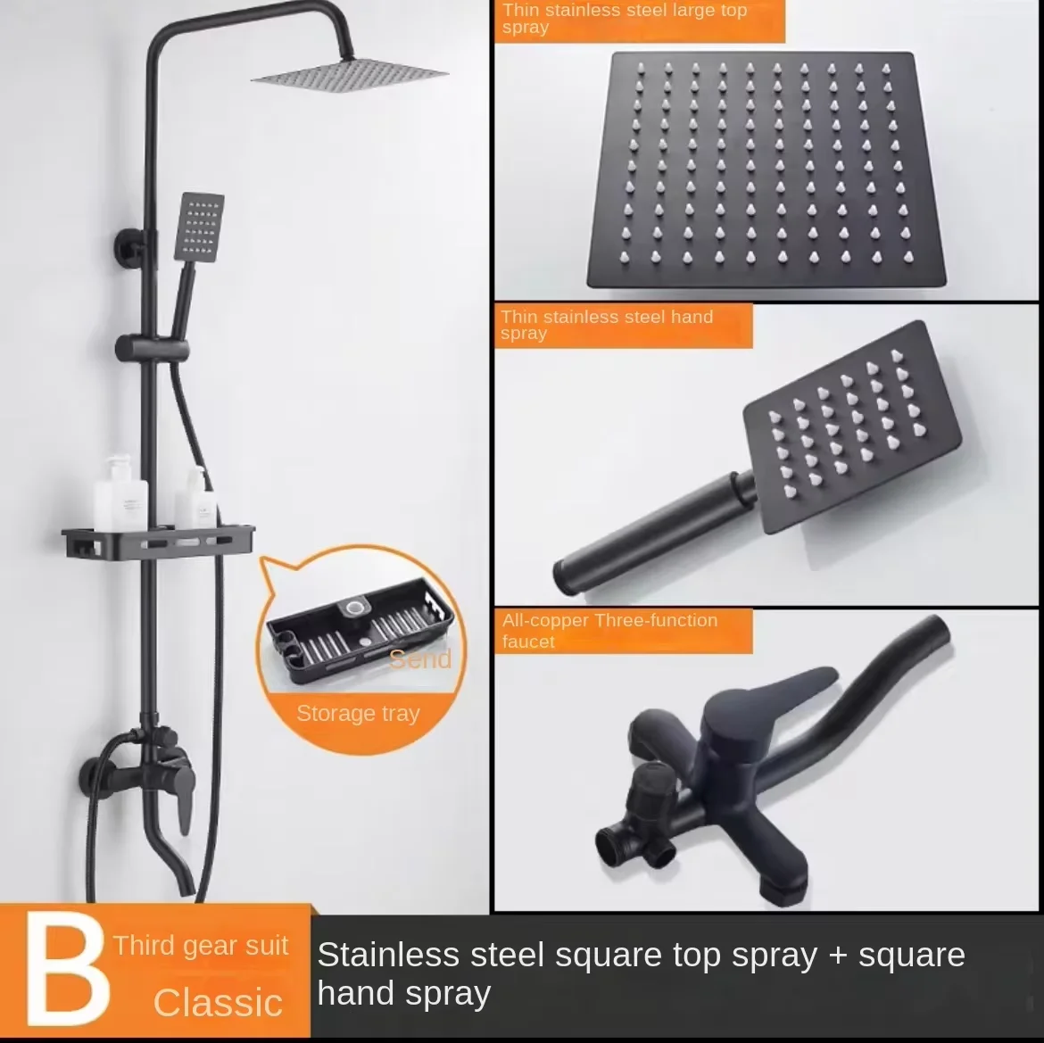 Gray Full Copper Bath Shower Gun Digital Display Rain Pressurized Jet Spray Pattern Household Bathroom Polished Stainless Steel