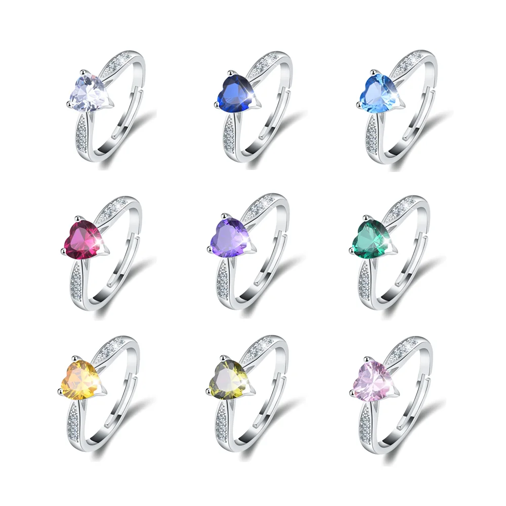 Isunni Delicate Birthstone S925 Sterling Silver Heart Shape Opening Adjustable Rings