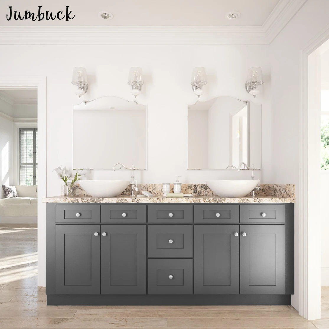 
Luxury grey elegent bathroom vanity with sink with one tall storage cabinet 