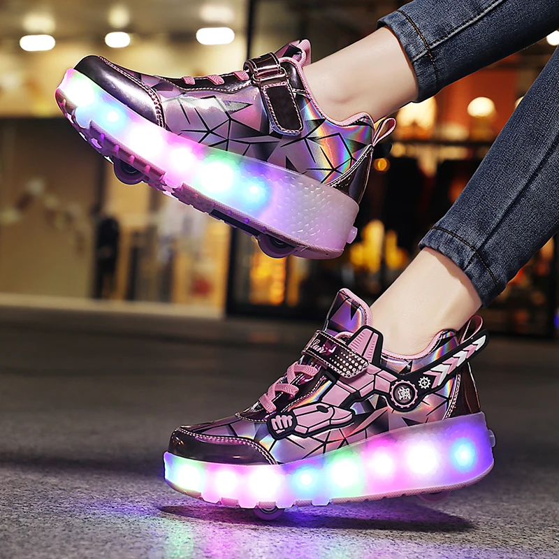 Wholesales Kids Roller Skating Shoes Adjustable Flashing Roller Shoes Two Wheel Led Light Flying Sneakers