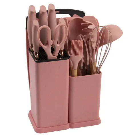 2024 19-piece set of silica gel kitchen utensil set with wooden handle and cuttings board storage bucket kitchen gadget set