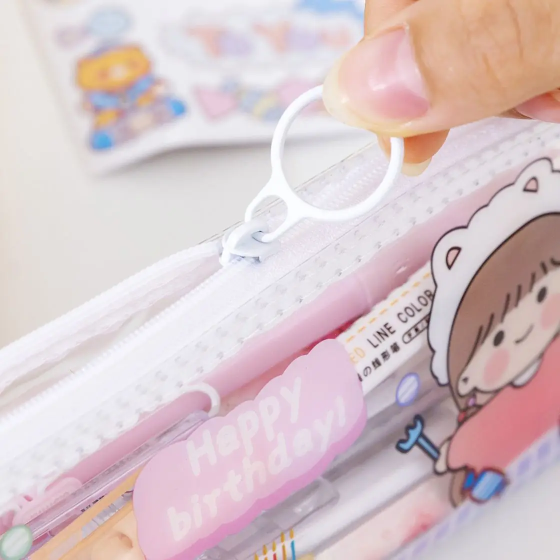 Cartoon Transparent Student Stationery Bag Ring Zipper Pen Bag Large Capacity Bag