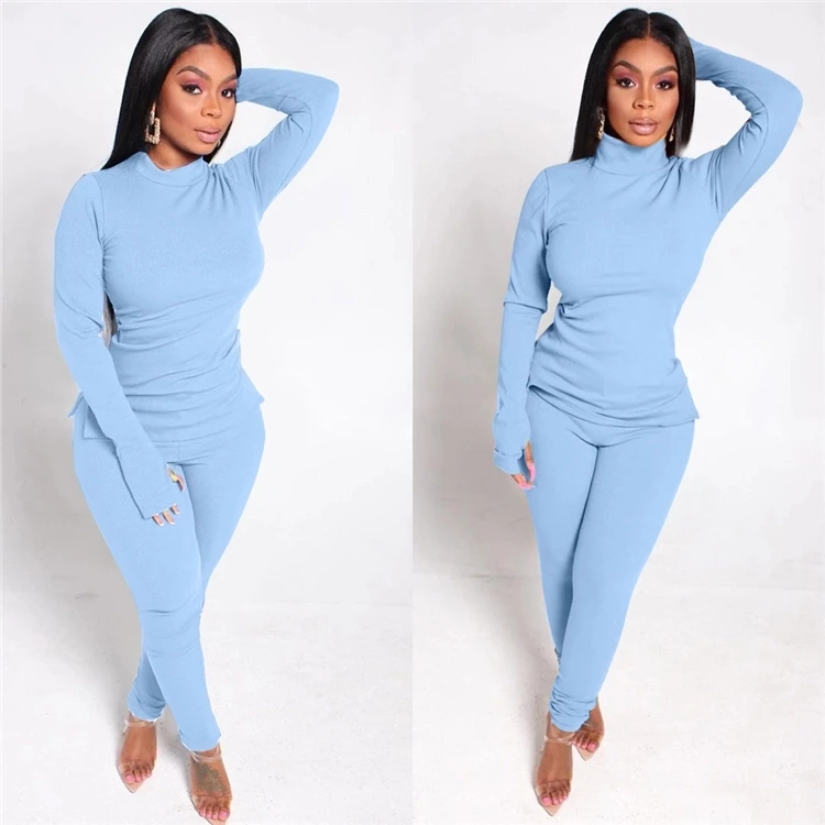 
Hot sale Sexy Skinny Long Sleeve solid color Bodycon Clothing Pant Women Two Piece pants Outfits Set 