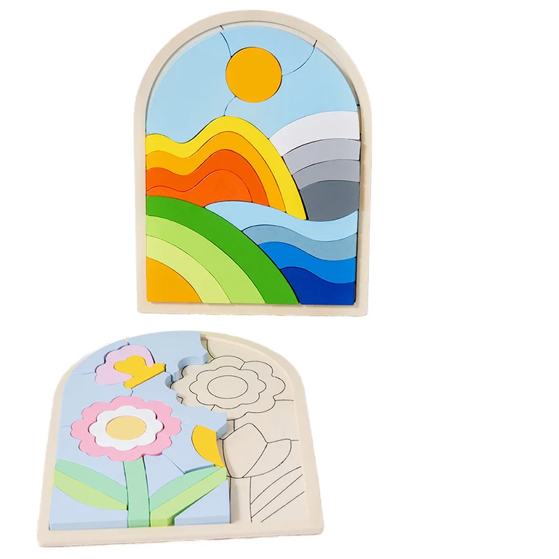 Wooden Toys For Children Cartoon Stereoscopic Puzzles Rainbow Toys Building Blocks Matching Puzzle 3d Puzzles Toys For Kids