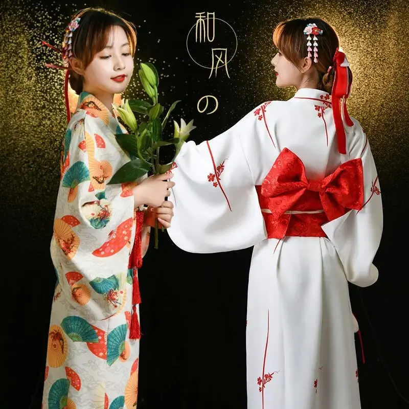 Japanese Traditional Yukata Kimono With Obi Vintage Women Evening Dress Geisha Kimono Vintage Women Stage Show Costume Cosplay