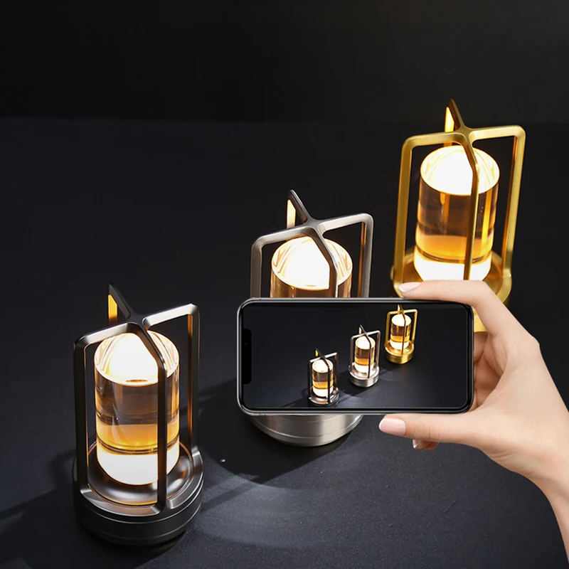 luxury led crystal lantern lightings metallic night light farmhouse decor touch dimmable rechargeable cordless table lamps light