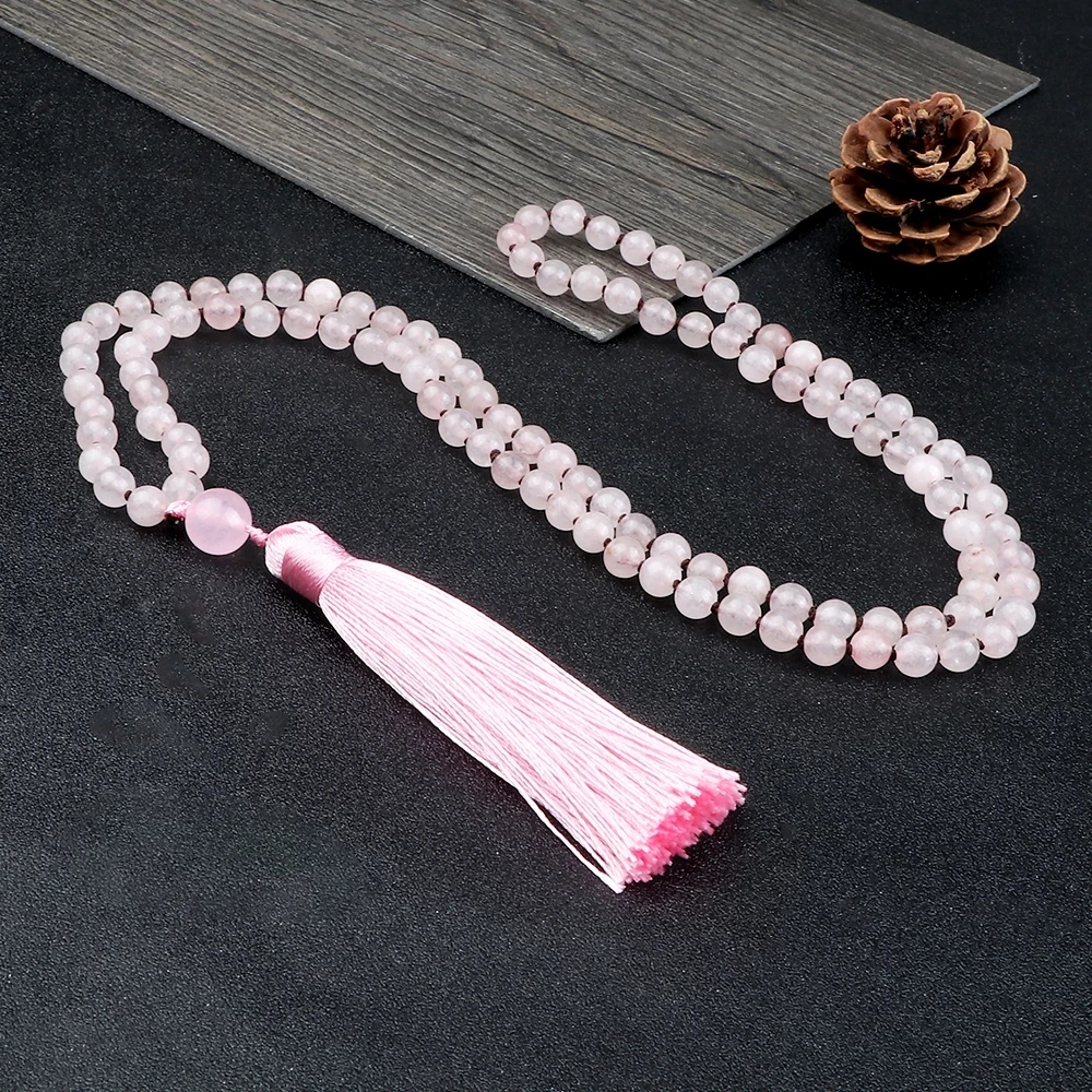 Pink Quartz 108 Prayer Beads Necklace Women Crystal Tassel Knotted Long Mala Necklaces