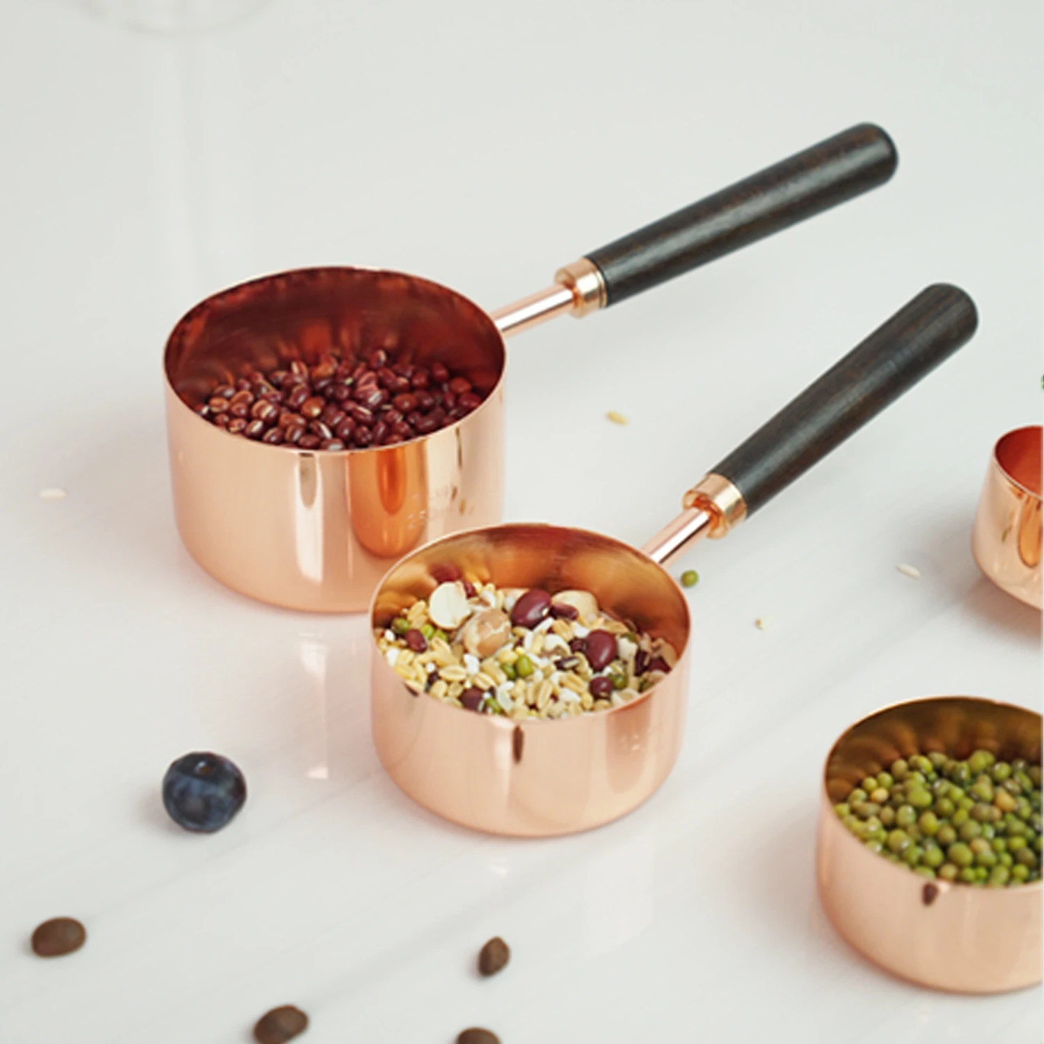 Rose Gold Stainless Steel Copper-Plated 4pcs Measuring Cup Measuring Spoon With Wooden Handle Thickened Baking Measurement
