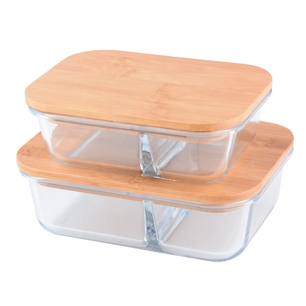 high Borosilicate 2 divider or 3 divider glass food storage container with bamboo lid