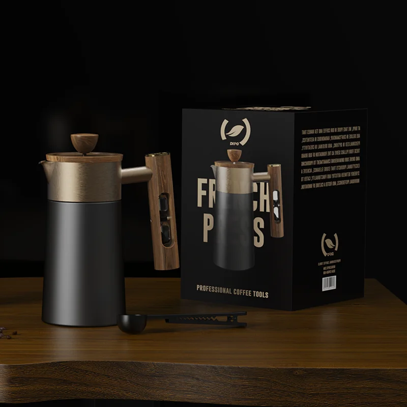 DHPO Removable Coffee and Tea Set Luxury 4-Layer Filter Double Walled Ceramic French Press Wooden Hourglass Handle Coffee Maker