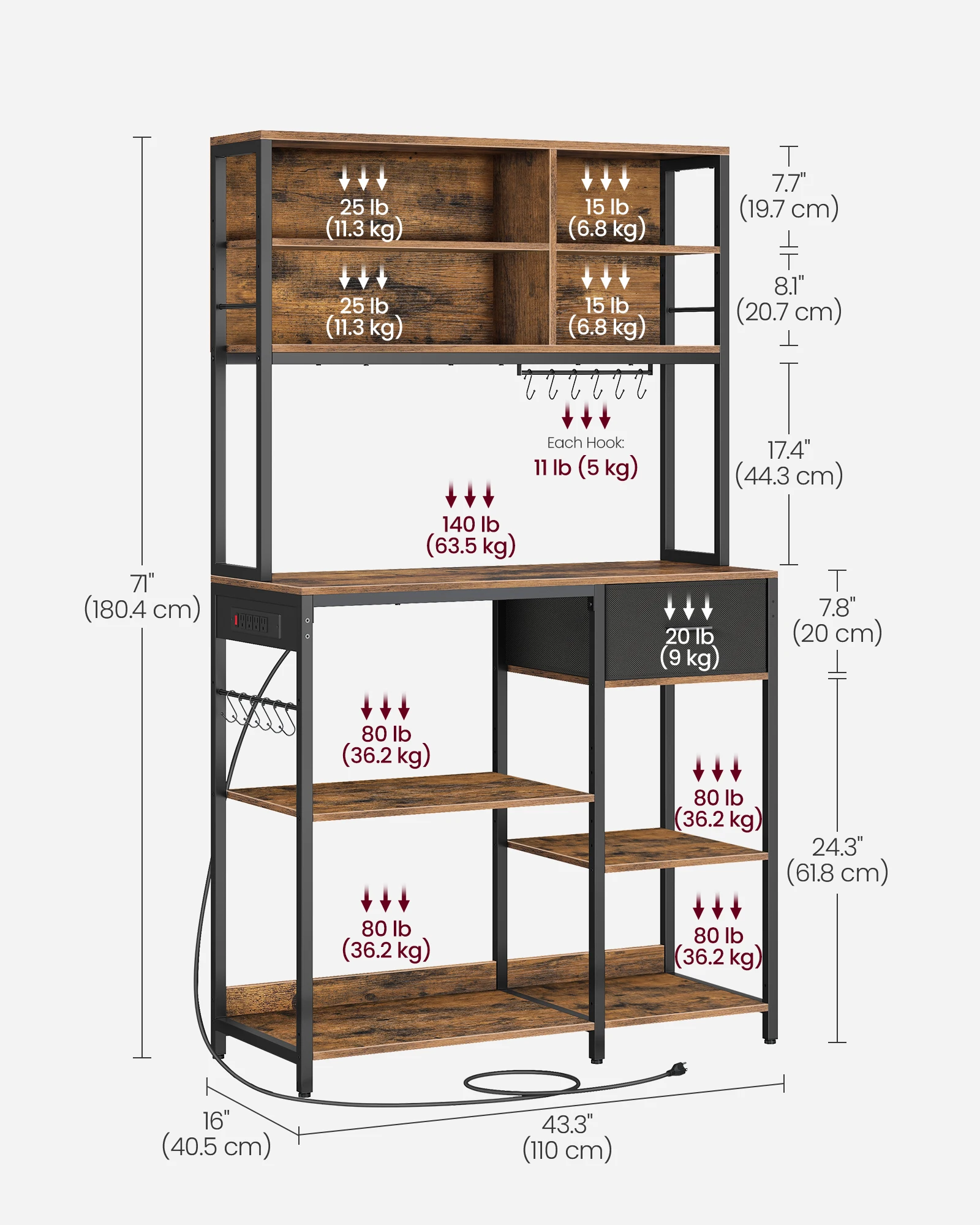 VASAGLE Kitchen Coffee Bar Stand Adjustable Storage Shelves Bakers Rack with Charging Station