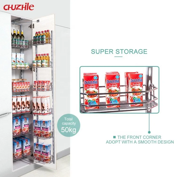 Factory Directly Selling ChuZhiLe Kitchen Storage Metal Wire Basket Pantry Unit Tall Cabinet Pull Out Basket