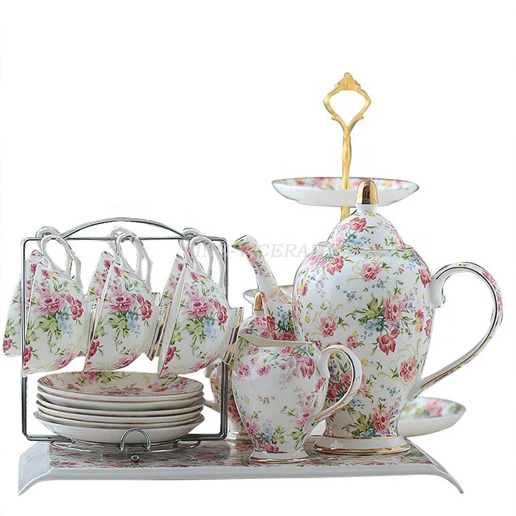 Luxury European Style English Fine Royal Ceramic Porcelain Tea Set 15pcs Floral Tea Cup Set Bone china Turkish Tea Coffee Set