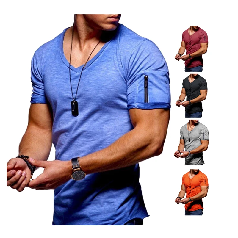 Mens Workout Compressed Gym Training Bodybuilding Muscle Fitness V collar  T Shirt