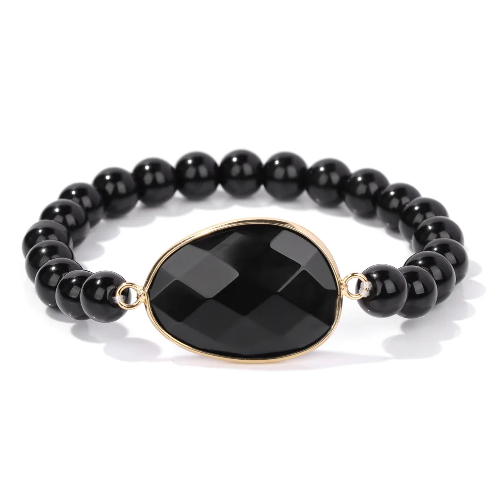 Nature Black Onyx Stone Bracelet Elastic Alloy Turquoise Beads Bracelet Punk Style for Men Women Party or Gift