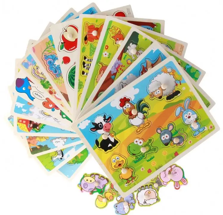 
Early education animals farm learn Puzzle Hand grasp plate easy to hang Wooden peg Puzzles 