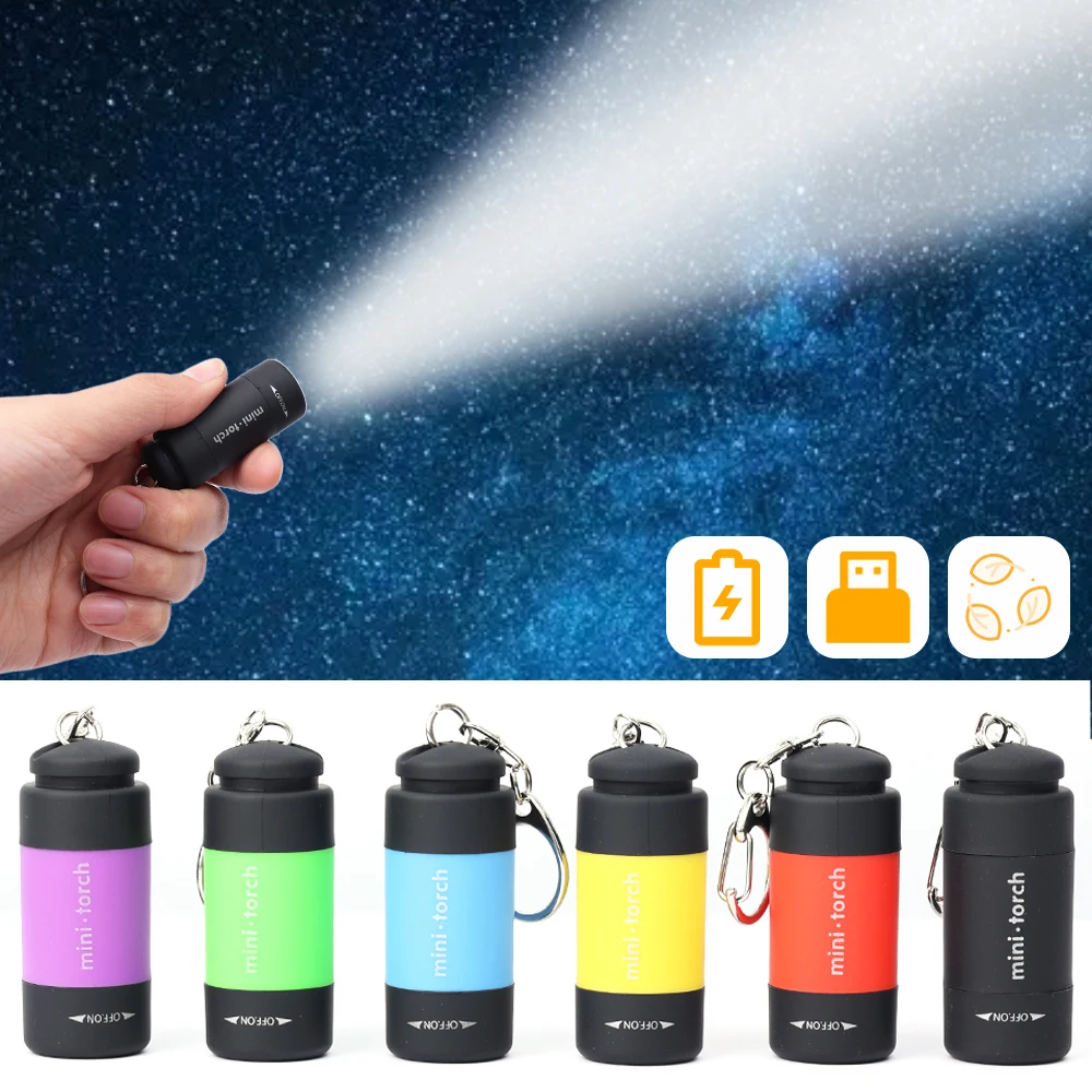 Mini LED Torch USB Charging Portable Keychain Flashlight Rotary Switch Lamp Waterproof Outdoor Camping Emergency Flashlight