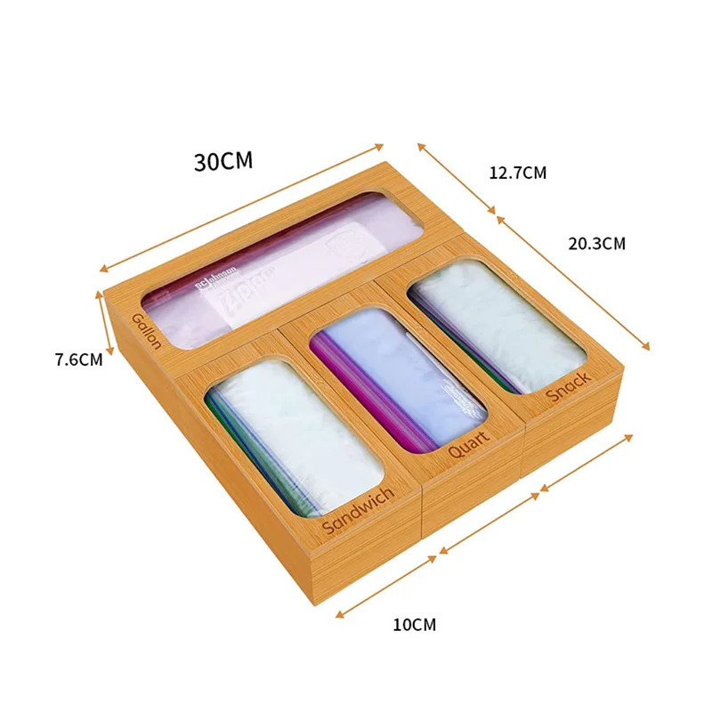 Wholesale Bamboo Aluminum Foil Cling Ziplock Bamboo Storage Boxes Dispenser Sandwich Bag Organizer For Kitchen Drawer