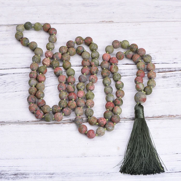 Handmade 108 mala Yoga Gemstone Long Tassel Necklace natural stone Unakite bead woman necklace Handmade 108 Mala Yoga Gemstone