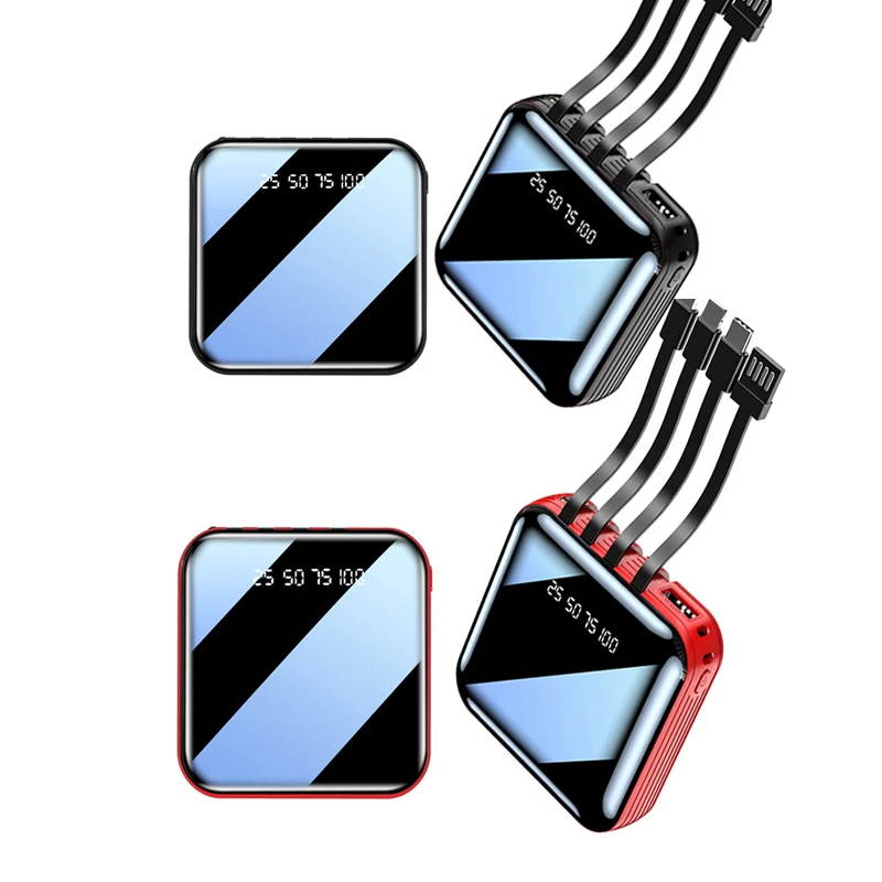 4 in 1 Built-in Cable 10000mah Power Bank Fast Charge Portable Universal Powerbank Screen Display Type C LED Light