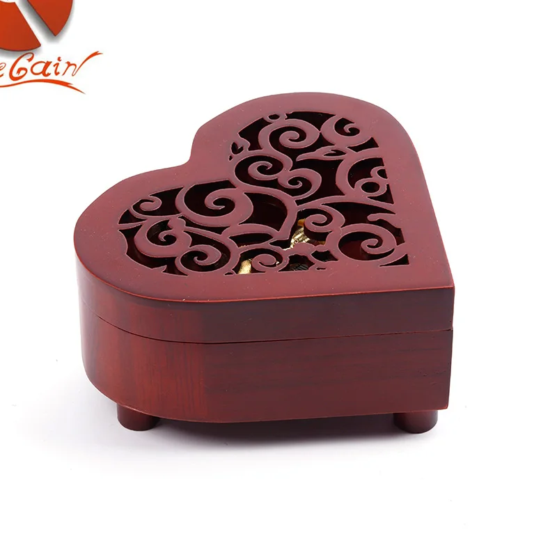 Retro Style Wooden Music Box,Heart Shape Music Box Gold Movement