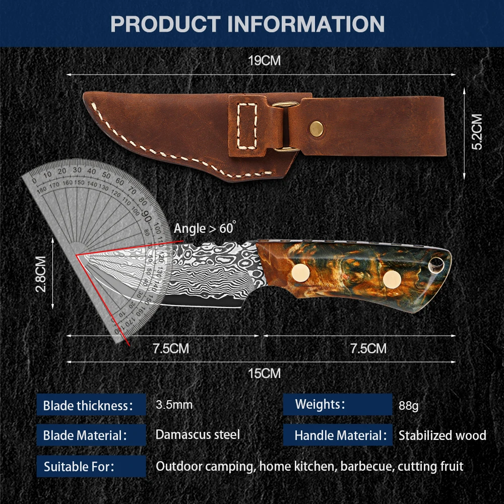 Handmade Damascus Fruit Knife Damascus Steel Blade Hunting Skinning Knife Fixed Blade Camping Survival Knife With Leather Sheath