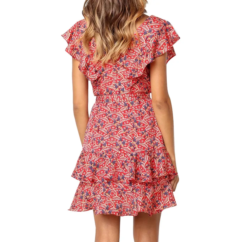 
Womens Sexy Casual Summer Butterfly V Neck Sleeve Red Floral Dress 