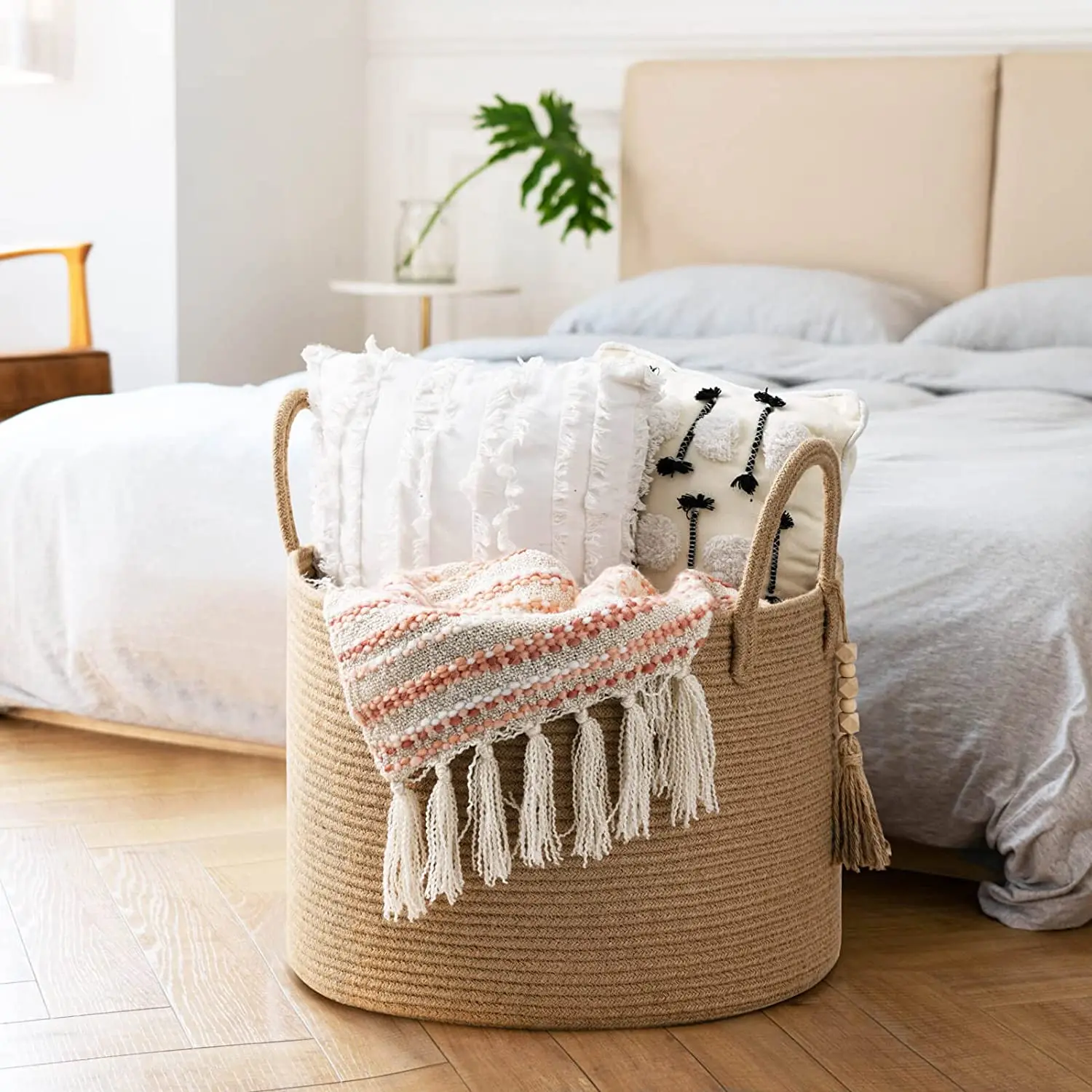 QJMAX Woven Cotton Rope Storage Basket For Nursery Living Room Bedroom