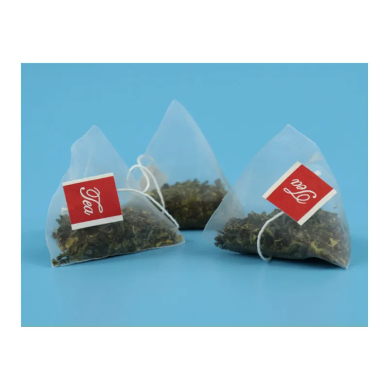 PLA Biodegradable 3-Side Seal Empty Teabag Pyramid Bags Pre-Tagged Corn Fiber Tea Sachets with Thread
