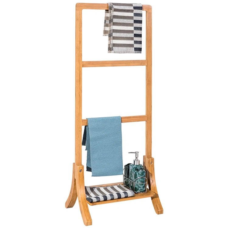 3 Tier Towel Rack Vertical Clothes Rack Freestanding with Bottom Shelf Bathroom Storage Bamboo
