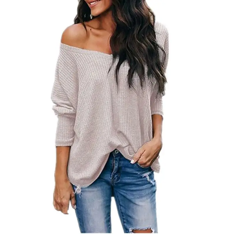 sweatshirt women Casual V-Neck Off-Shoulder sweater Batwing  Waffle Sleeve Pullover Tops Off Shoulder Oversized Sweater