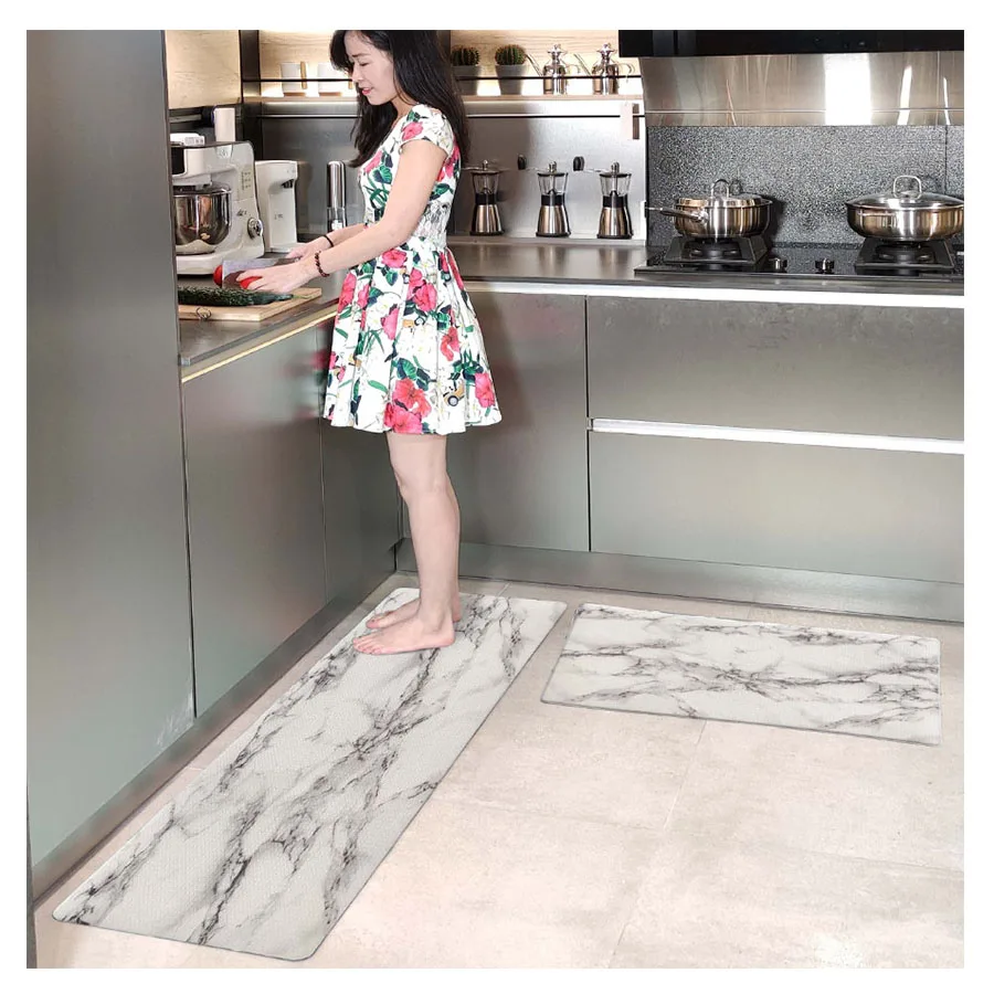Hot Sale Waterproof Washable Anti slip White Marble-Printed kitchen floor mats and rugs