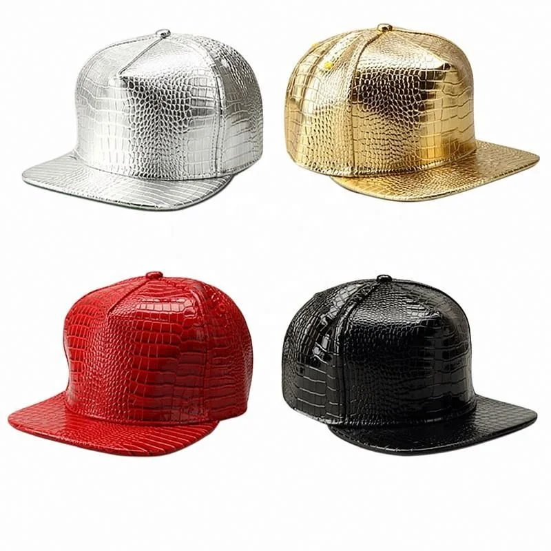 2019 Factory Wholesale Diamond Gold Dj Rap Snapback Cap PU Leather Baseball Hip Hop Cap Rhinestone Crocodile Leather Cap