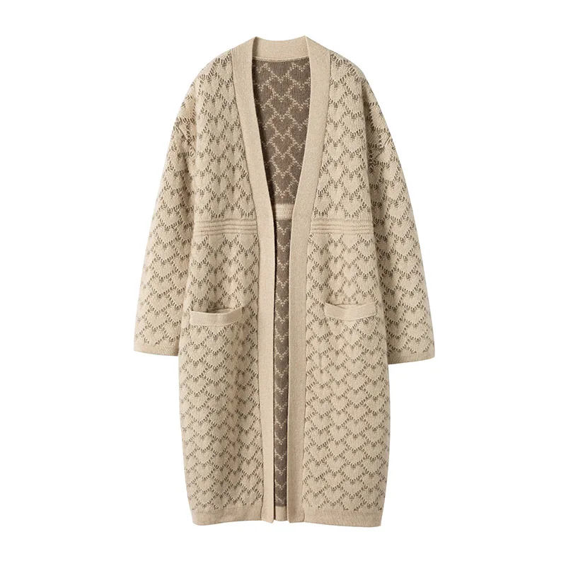 Custom jacquard knit oversized wholesale with pocket casual 100%wool cashmere women long sweater cardigan