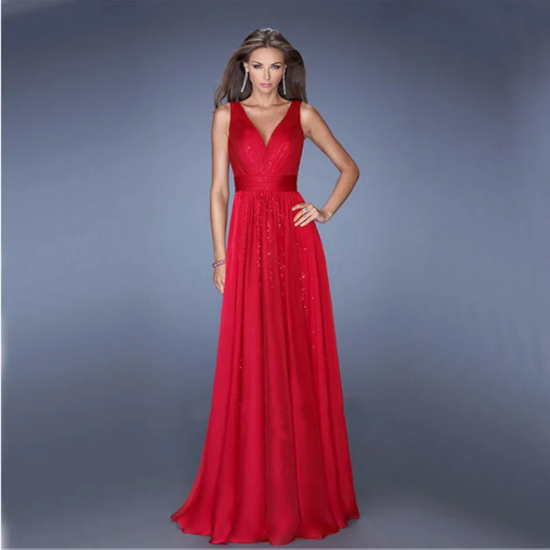 Hot Sale New Elegant Beaded Sleeveless Party Bridesmaid Prom Ball Gown Long Evening Dress