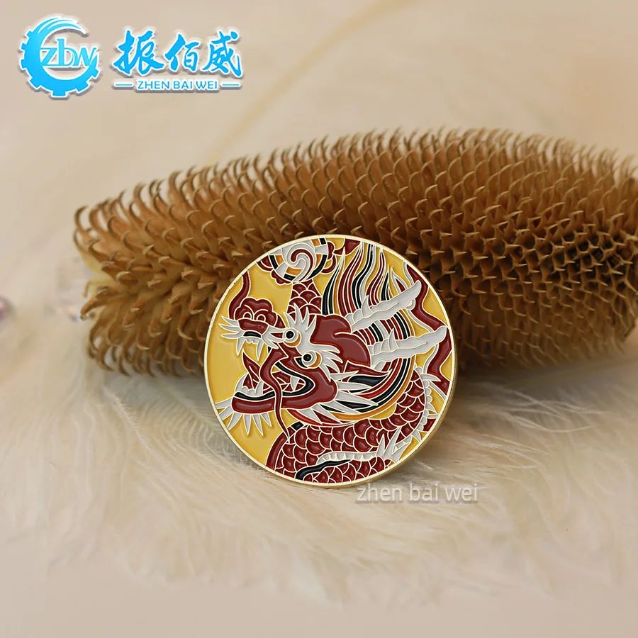 Cheap custom metal soft enamel strong magnet badge, metal gold plated round cartoon dragon year limited soft enamel badge