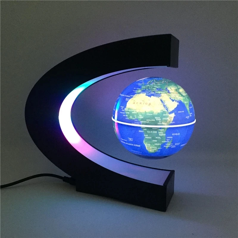 C Shape Magnetic Levitation Floating Globe Rotating With Light and World Map