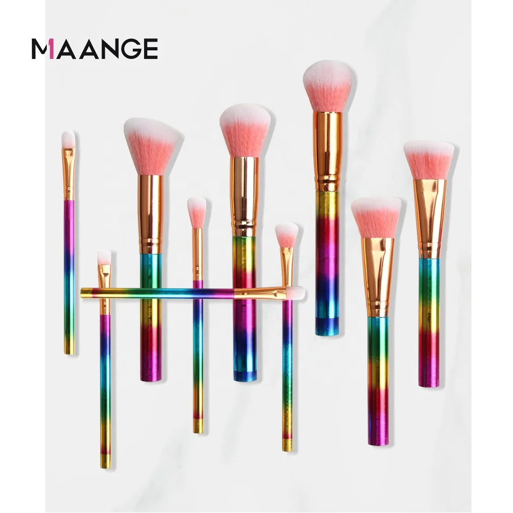 MAANGE 10PCS Wholesale Price high-quality nylon wool Gold Rainbow color Plastic Foundation Concealer Powder Bush makeup brush
