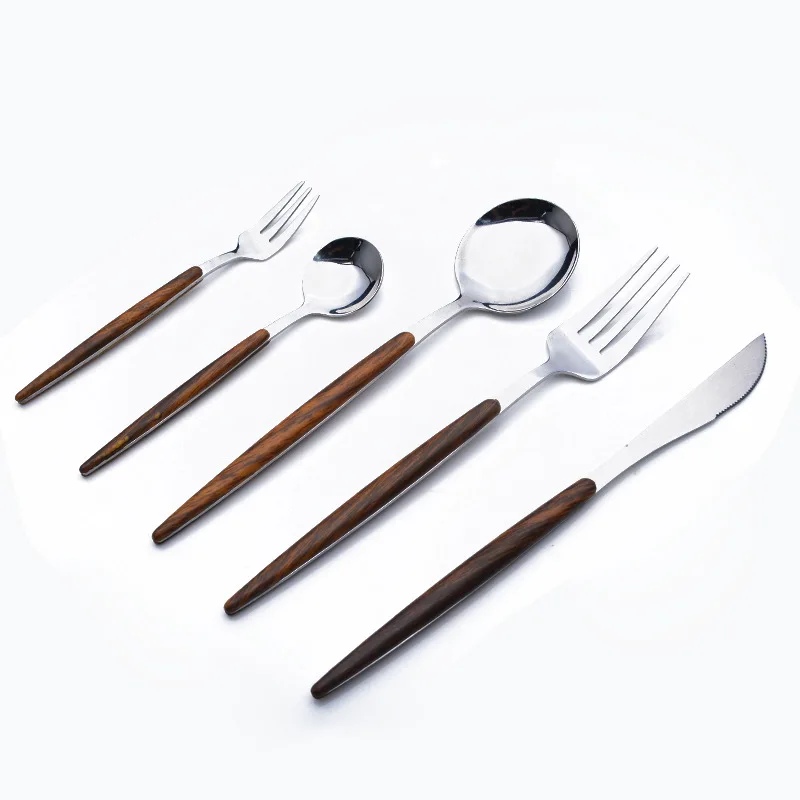 Stainless Steel Round Spoon  Wooden Handle Fork Spoon Fruit Fork Stirring Spoon Tableware