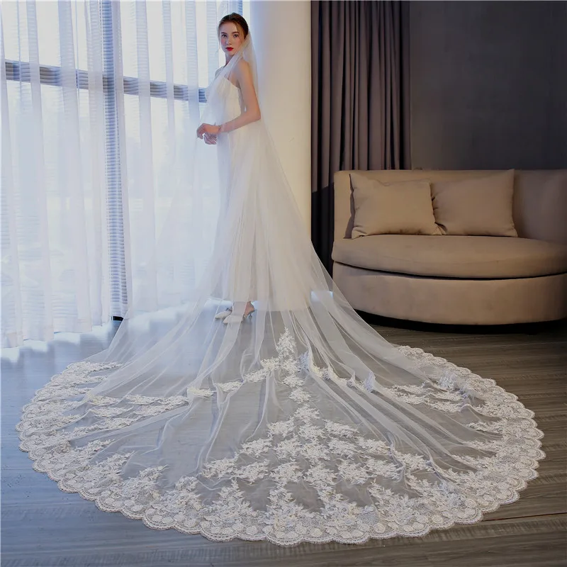 
V023 Luxury Cathedral veil For Wedding 350cm Lace Edge Bridal Veil Long lace wedding veil 