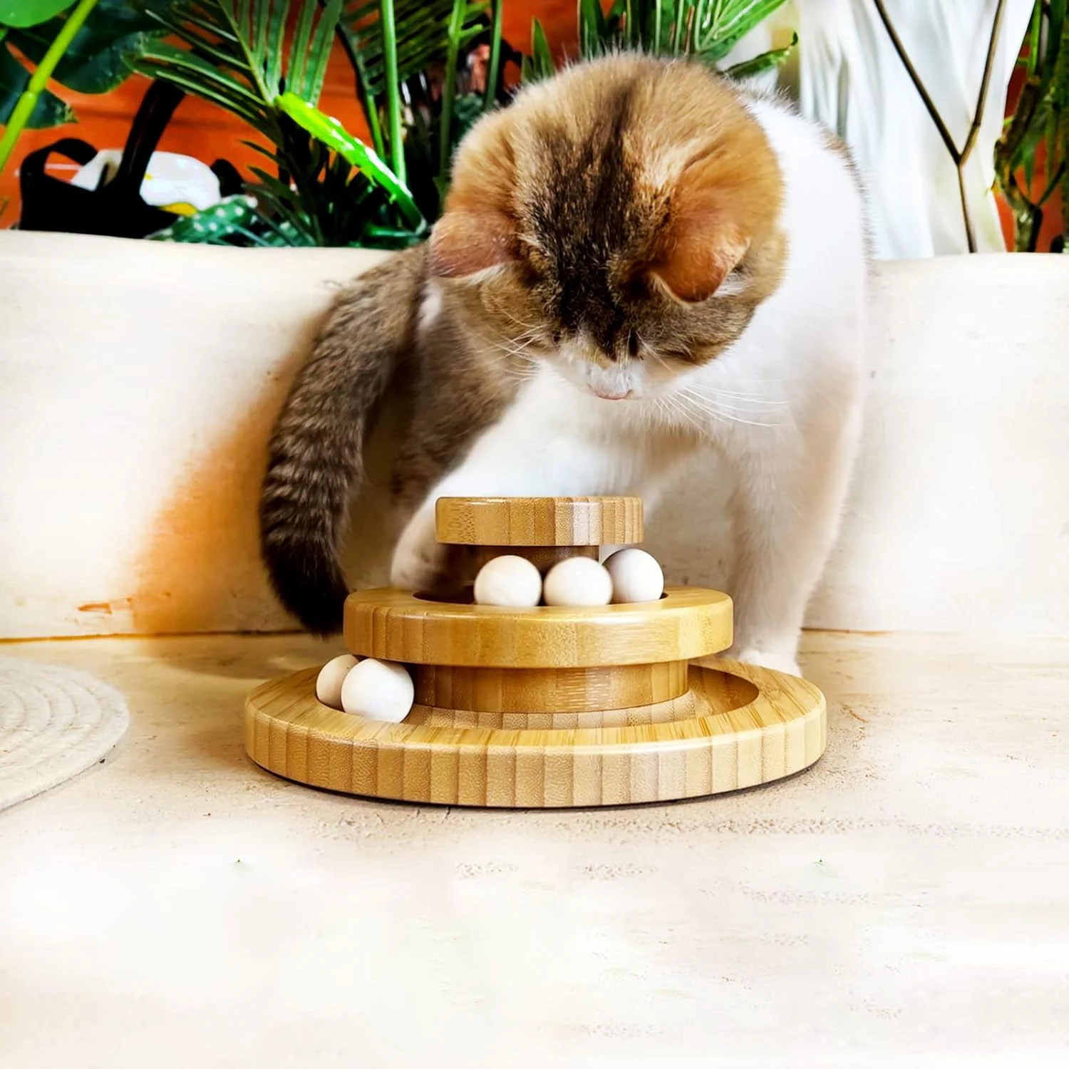 HS Natural Sustainable Wooden Pet Interactive Toy Cat Tunnel Tower Toys Three-layer Cat Turntable With Wooden Balls