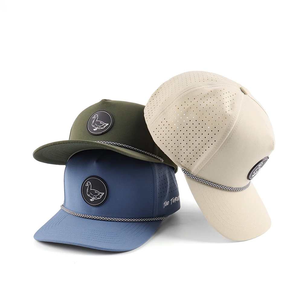 Custom waterproof 5 Panel Quick Dry Polyester Sports rope Baseball Cap,Men Fashion PVC Logo Laser Cut Hole Perforated Dad Hat