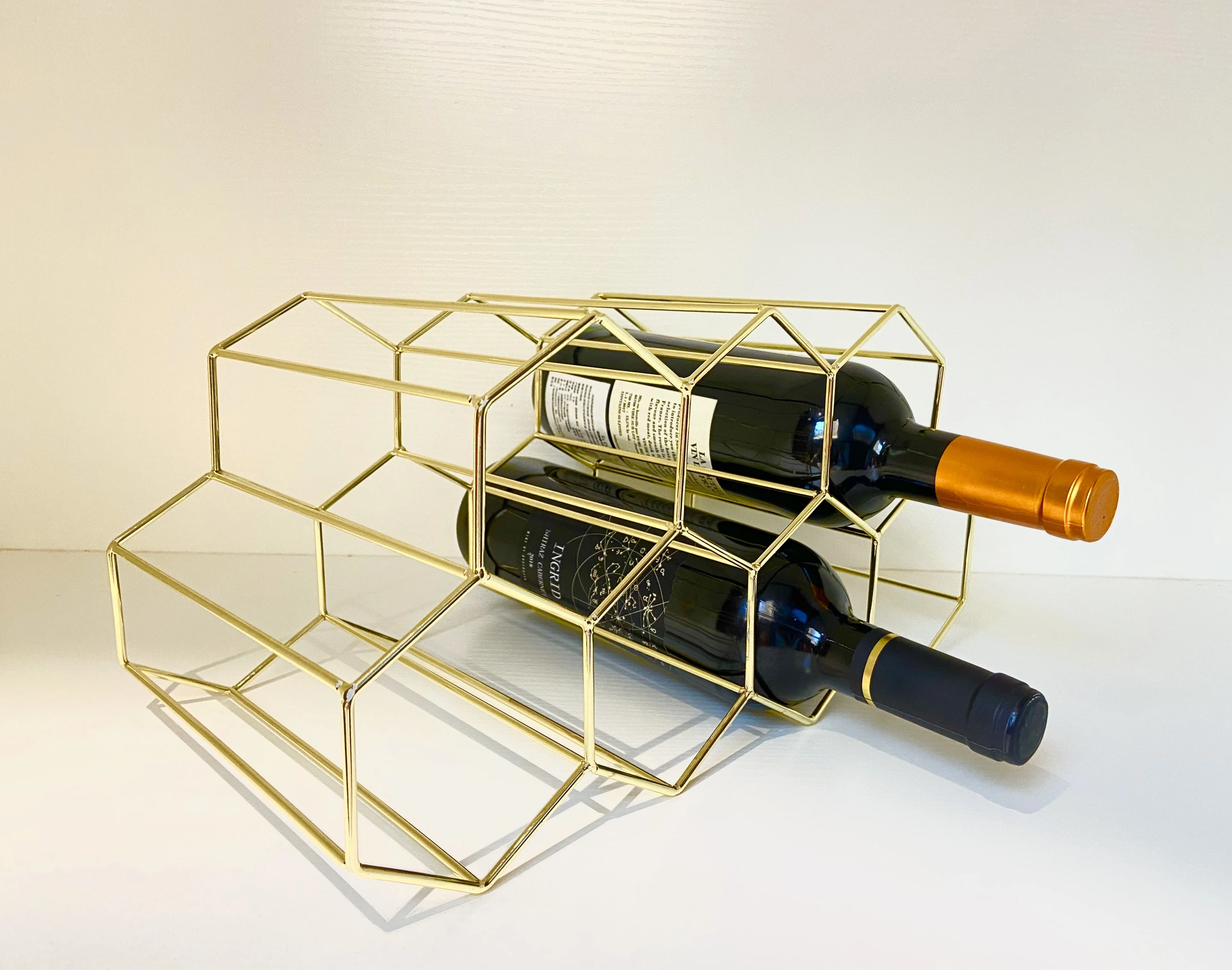 550-10C Home Decor  Honeycomb Shape Metal Gold 7 Bottles Wine Rack Holder Stackable Free Standing