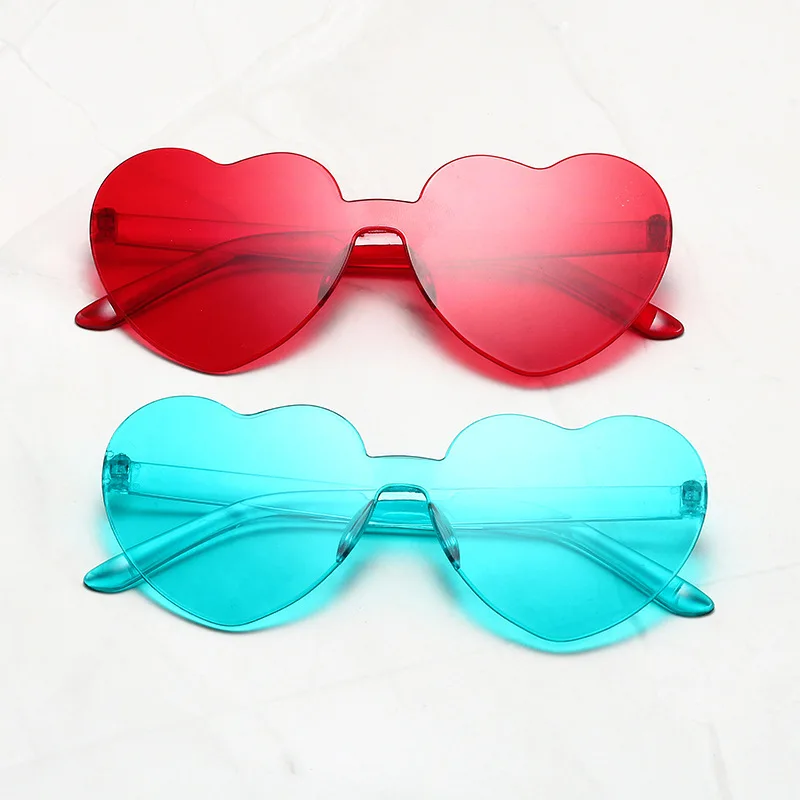 Wholesale Custom Frameless Lens Eyewear Candy Color PC Rimless Sun Glasses New Trendy Loving Heart Shape Sunglasses
