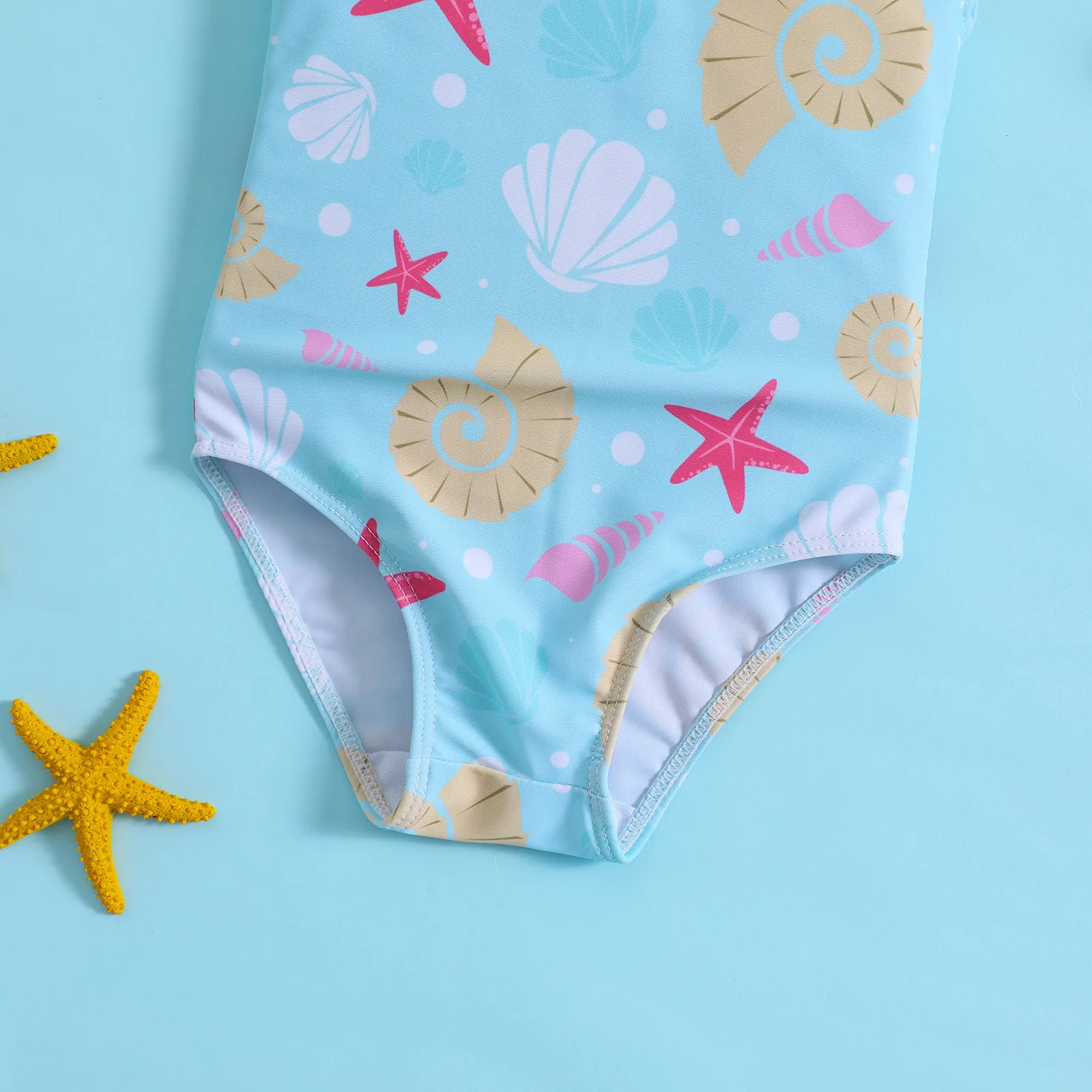 Wholesale Summer Girls Lotus Bow Small Flying Sleeves One-Piece Starfish Shell Printed Toddler Baby Swimsuit Beach Bathing Suit