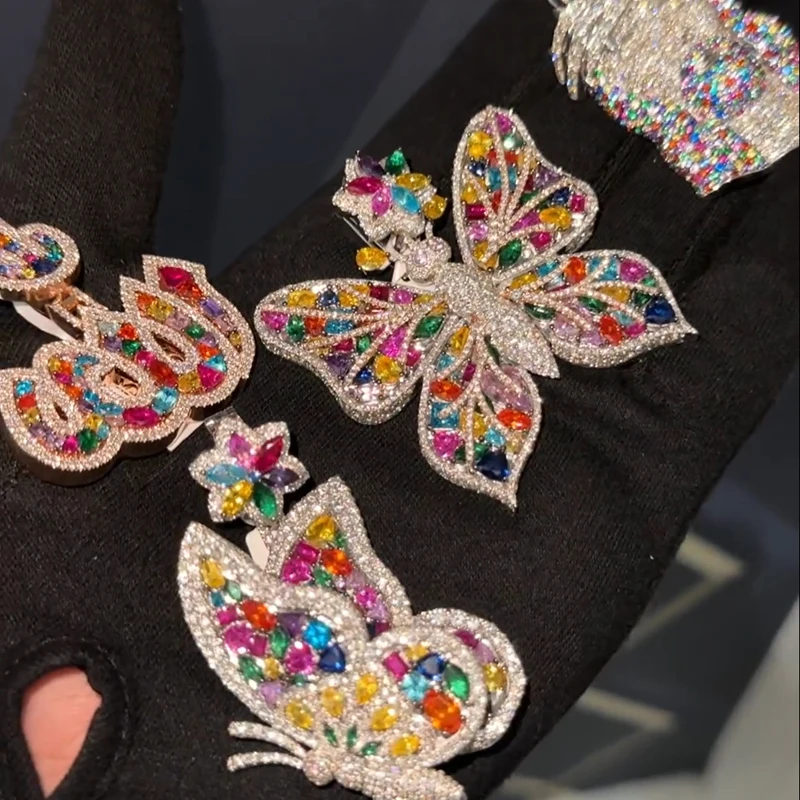 Custom Colored  Pendant 925 Sterling Silver gold plated Colorful CZ iced out White Moissanite Diamonds Pendant