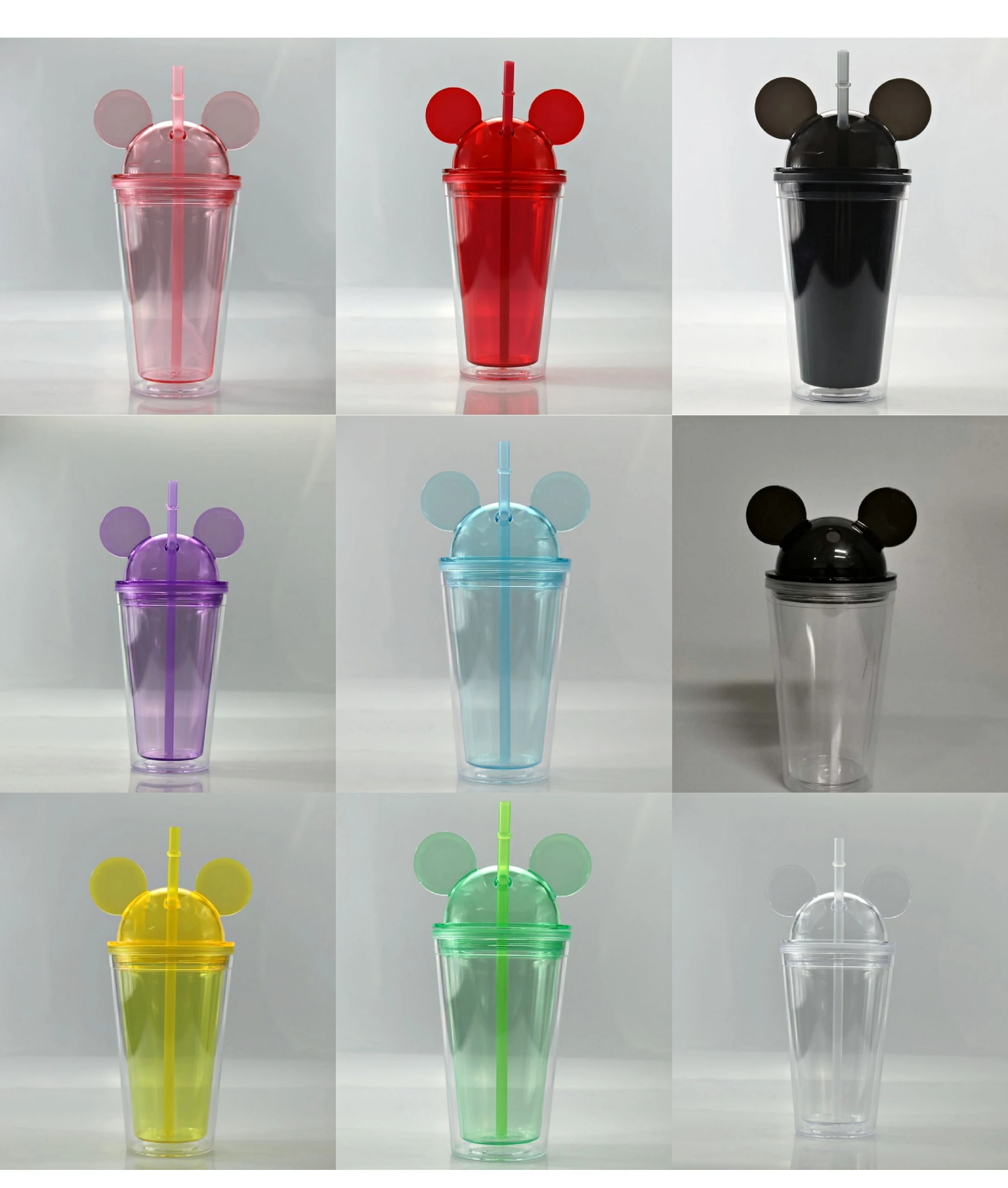 
US warehouse In stock: Acrylic BPA Free Wholesale Plastic Dome Lid Double Wall Mickey Mouse Ear Tumbler Cup with Straw In Bulk 
