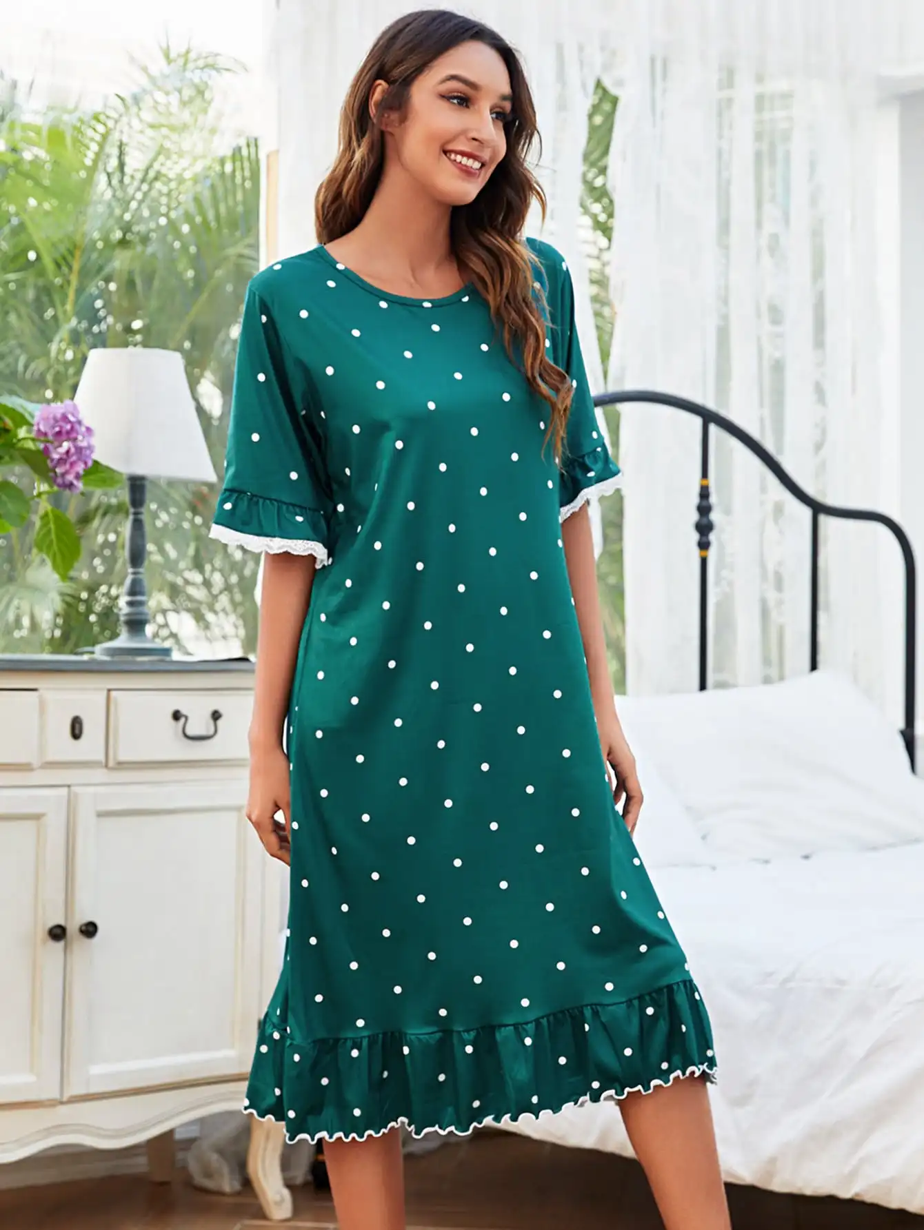 Viscose from Bamboo Custom Woman Night Dress Polka Dot Night Gown Ruffle Lace Trim Nightgown