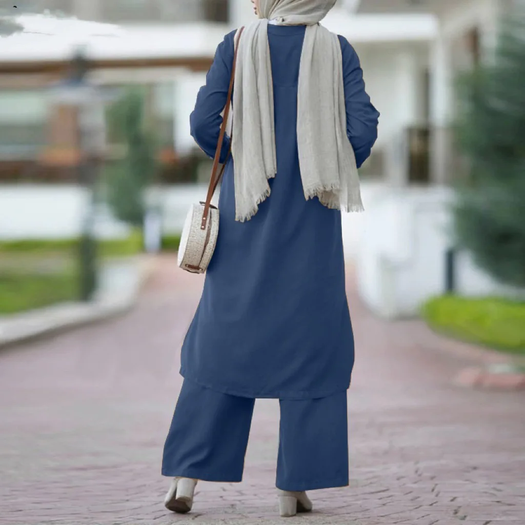 EID Long-sleeved Shirt Trousers Suit Solid Color 2Pcs/set Crew Neck Eid Modest Abaya Dubai 2024 Clothing Set Muslim Women Dress