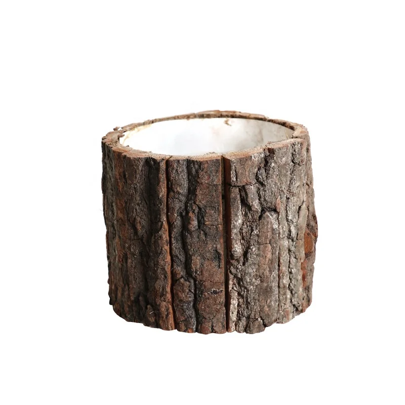 2 sizes tree bark barrel Mini flower bucket Wooden round flower box for Christmas decoration or mothers day flower box